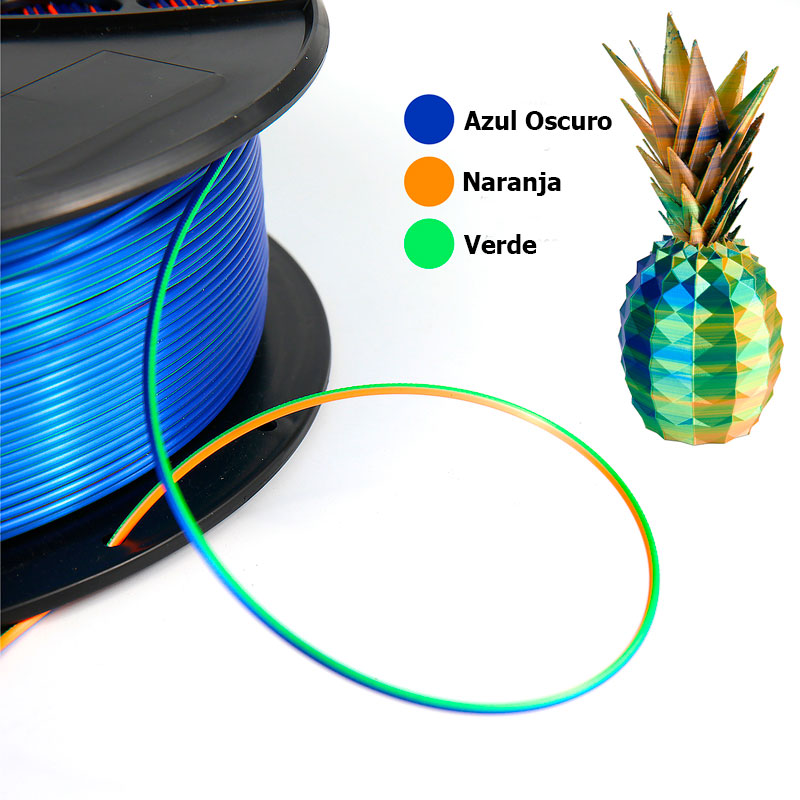 fil3dval bobina pla color mágico tricolor seda azul oscuro-naranja-verde